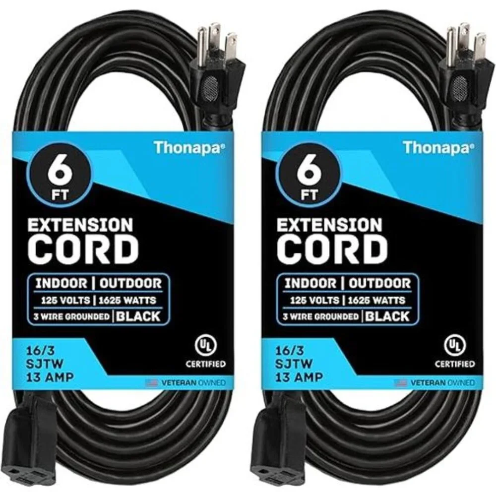13 Amp Outdoor Extension Cord 6 ft,2 Pack, 16/3 SJTW 6 Foot Black Extension Cord